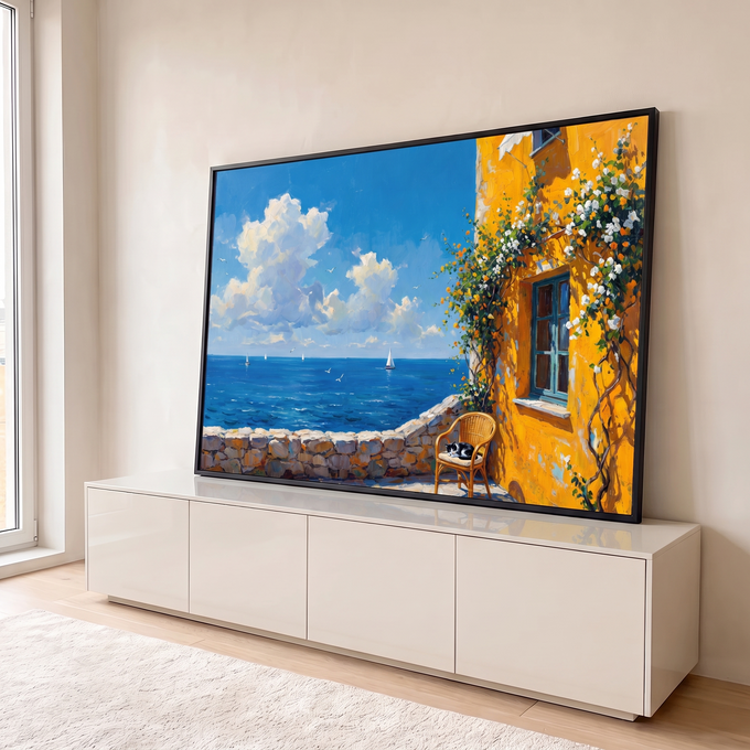 Quadro Decorativo Grande Casa Amarela para Sala Amarelo | quadros decorativos para sala | casa amarela com flores, janela azul, gato dormindo e veleiros no mar | em Quadros para Sala | Porao dos Quadros