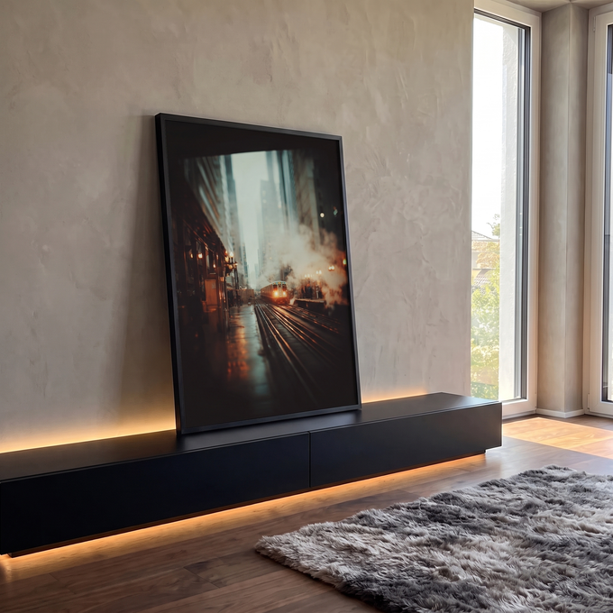 Trem elevado de Chicago entre arranha-céus com vapor e luzes âmbar em dia nublado, quadro decorativo