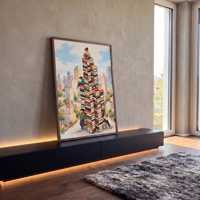 Quadro Decorativo Grande Torres de Livros para Sala Bege | quadros decorativos para sala | crianças lendo sobre torres de livros coloridos com cidade em aquarela ao fundo | em Quadros para Sala | Porao dos Quadros