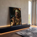 Quadro Decorativo Ancião Indígena Fumando Cachimbo com Penas | quadros decorativos para sala | ancião indígena de perfil com pintura facial, turbante verde e cachimbo soltando fumaça | em Quadros para Sala | Porao dos Quadros