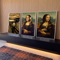 Quadro Decorativo Kit 3 Telas Mona Lisa Pop Art para Sala | quadros decorativos para sala | montagem com O Grito de Munch e duas versões da Mona Lisa com fones de ouvido e taça de champagne | em Quadros para Sala | Porao dos Quadros