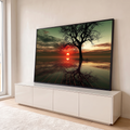 Quadro Decorativo Grande Árvore Seca para Sala Vermelho | quadros decorativos para sala | árvore seca silhueta sobre pôr do sol vermelho com grade digital na água | em Quadros para Sala | Porao dos Quadros