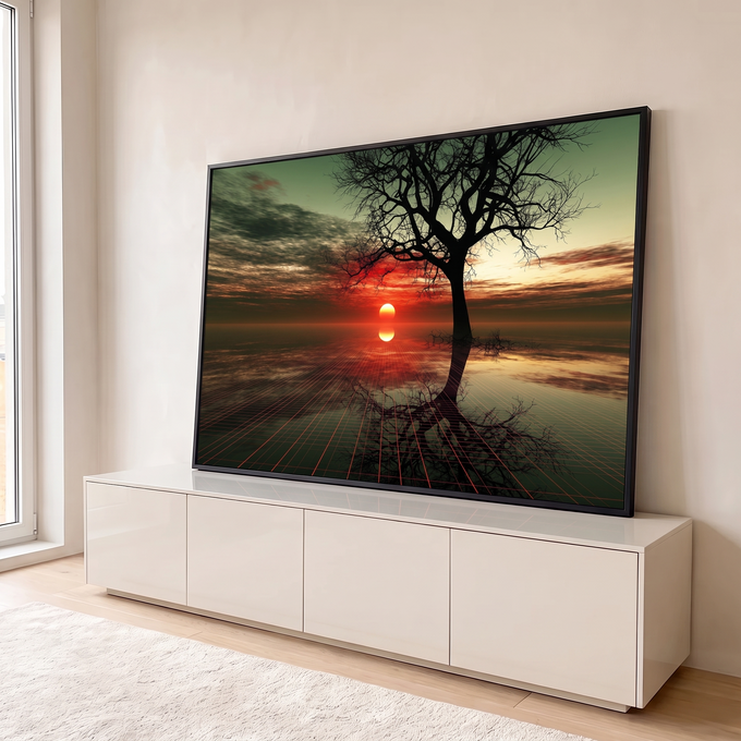Quadro Decorativo Grande Árvore Seca para Sala Vermelho | quadros decorativos para sala | árvore seca silhueta sobre pôr do sol vermelho com grade digital na água | em Quadros para Sala | Porao dos Quadros
