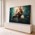 Quadro Decorativo Grande Leão Nadando Verde para Sala | quadros decorativos para sala | leão rugindo nadando debaixo d'água cercado de bolhas, folhas e peixes laranja | em Quadros para Sala | Porao dos Quadros