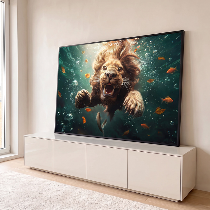 Quadro Decorativo Grande Leão Nadando Verde para Sala | quadros decorativos para sala | leão rugindo nadando debaixo d'água cercado de bolhas, folhas e peixes laranja | em Quadros para Sala | Porao dos Quadros