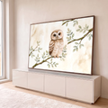 Quadro Decorativo Grande Coruja de Bebê para Quarto de Bebê | quadros decorativos para sala | coruja filhote em aquarela pousada em galho com folhas verdes sobre fundo bege | em Quadros para Quarto de Bebê | Porao dos Quadros