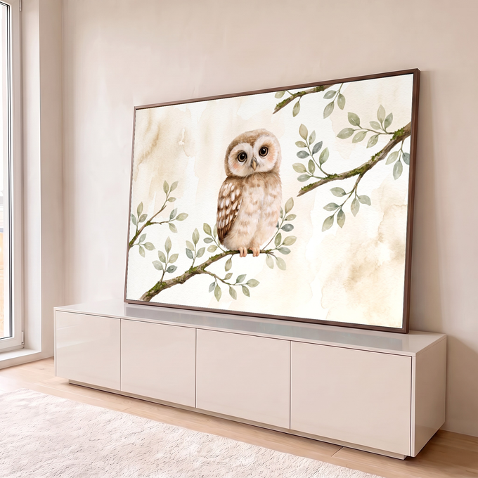 Quadro Decorativo Grande Coruja de Bebê para Quarto de Bebê | quadros decorativos para sala | coruja filhote em aquarela pousada em galho com folhas verdes sobre fundo bege | em Quadros para Quarto de Bebê | Porao dos Quadros