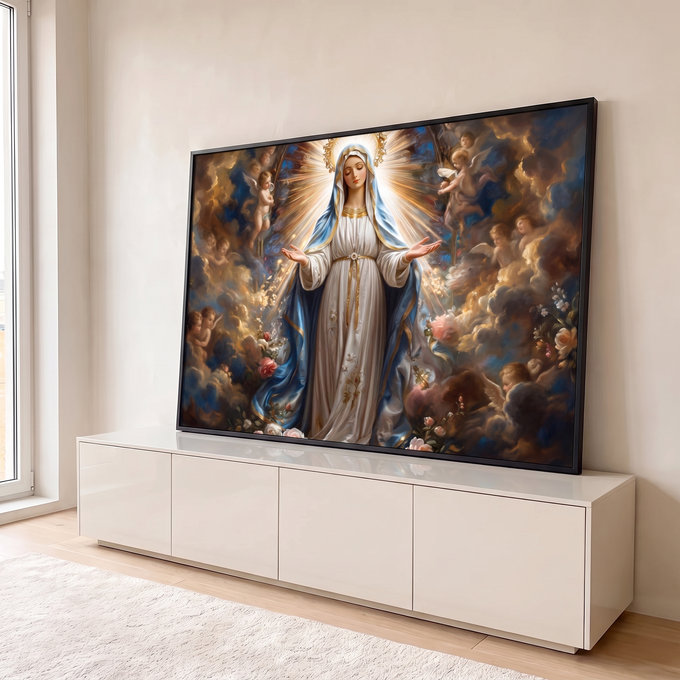 Nossa Senhora de manto azul e braços abertos entre raios de luz, anjos e rosas, quadro decorativo