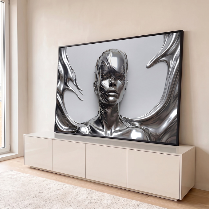 Rosto de mulher em metal líquido prateado com ondas metálicas em fundo cinza, quadro decorativo