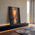 Quadro Decorativo Grande Veleiro Navegando para Sala Dourado | quadros decorativos para sala | veleiro navegando entre penhascos rochosos com sol dourado se pondo ao fundo | em Quadros para Sala | Porao dos Quadros