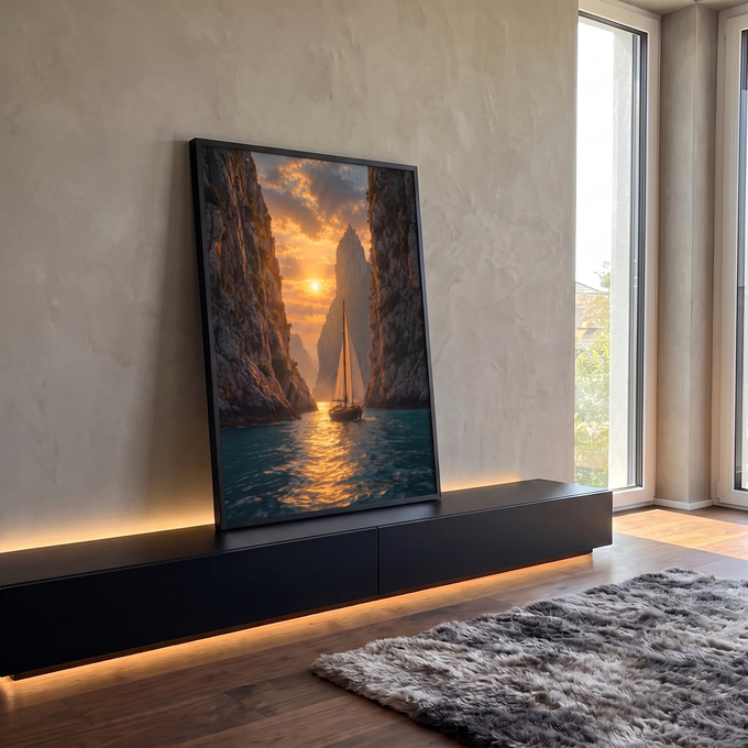 Quadro Decorativo Grande Veleiro Navegando para Sala Dourado | quadros decorativos para sala | veleiro navegando entre penhascos rochosos com sol dourado se pondo ao fundo | em Quadros para Sala | Porao dos Quadros