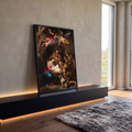 Quadro Decorativo Grande Natividade Sagrada para Sala Marrom | quadros decorativos para sala | natividade barroca com Maria, José, anjos, pastores e cão ao redor do menino Jesus | em Quadros para Sala | Porao dos Quadros