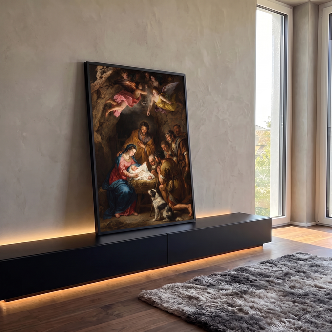 Quadro Decorativo Grande Natividade Sagrada para Sala Marrom | quadros decorativos para sala | natividade barroca com Maria, José, anjos, pastores e cão ao redor do menino Jesus | em Quadros para Sala | Porao dos Quadros