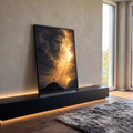 Quadro Decorativo Grande Rosto Divino para Sala Dourado | quadros decorativos para sala | rosto divino formado em nuvens douradas sobre crucifixo em penhasco ao entardecer | em Quadros para Sala | Porao dos Quadros