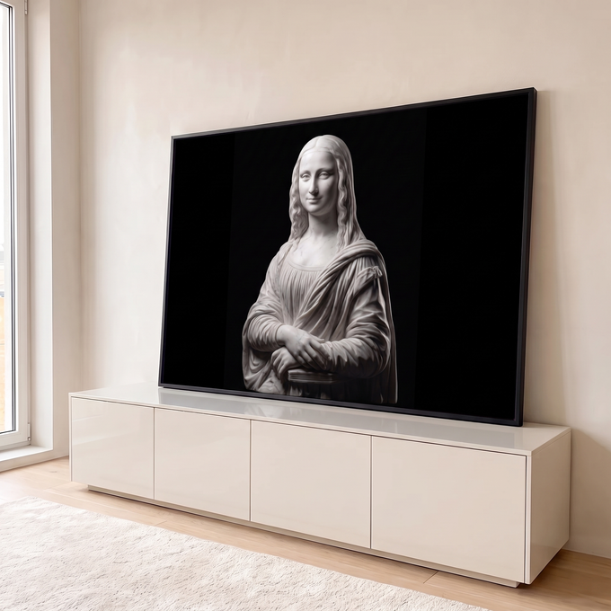 Quadro Decorativo Grande Mona Lisa para Sala Branco | quadros decorativos para sala | busto feminino esculpido em mármore branco no estilo da Mona Lisa, fundo preto | em Quadros para Sala | Porao dos Quadros