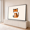Quadro Decorativo Grande Tigrinho para Quarto de Bebê | quadros decorativos para sala | filhote de tigre cartoon sentado com listras laranja e pretas sobre fundo bege | em Quadros para Quarto de Bebê | Porao dos Quadros