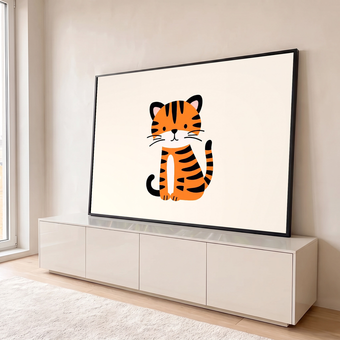 Quadro Decorativo Grande Tigrinho para Quarto de Bebê | quadros decorativos para sala | filhote de tigre cartoon sentado com listras laranja e pretas sobre fundo bege | em Quadros para Quarto de Bebê | Porao dos Quadros