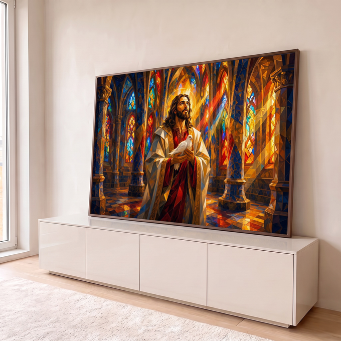 Jesus com pomba branca nas mãos em catedral gótica de vitrais coloridos, estilo mosaico, quadro decorativo