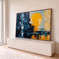 Quadro Decorativo Grande Sol Laranja para Sala Azul | quadros decorativos para sala | sol laranja abstrato sobre skyline azul escuro com reflexo na água | em Quadros para Sala | Porao dos Quadros