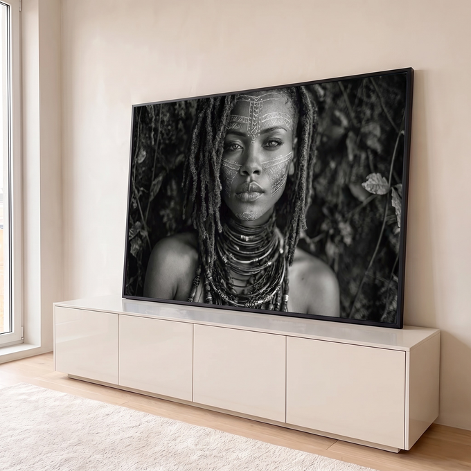 Quadro Decorativo Grande Mulher Tribal para Sala Preto | quadros decorativos para sala | retrato em preto e branco de mulher com pintura facial tribal geométrica e colares em espiral | em Quadros para Sala | Porao dos Quadros