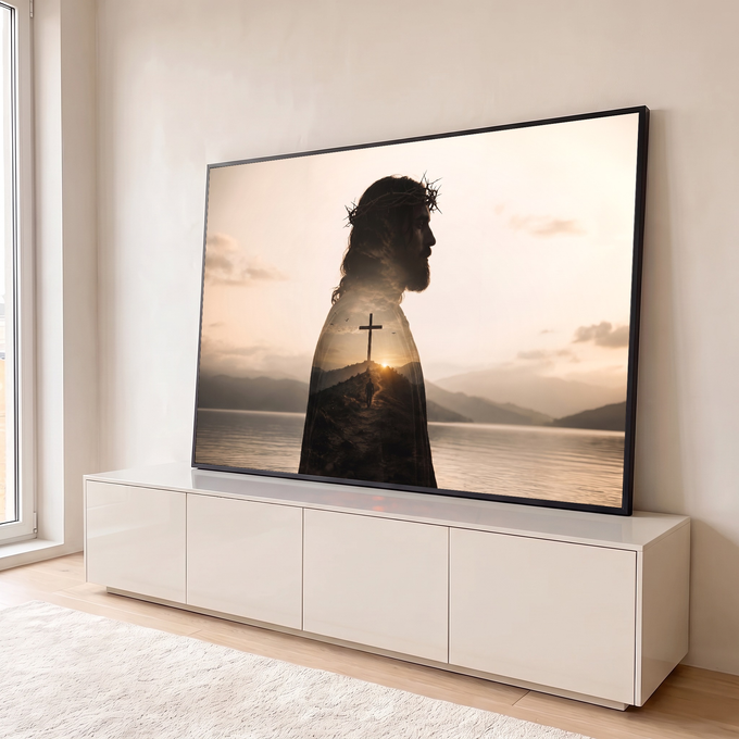 Quadro Decorativo Grande Jesus para Sala Bege | quadros decorativos para sala | silhueta de Jesus com coroa de espinhos e cena de cruz ao pôr do sol sobreposta | em Quadros para Sala | Porao dos Quadros