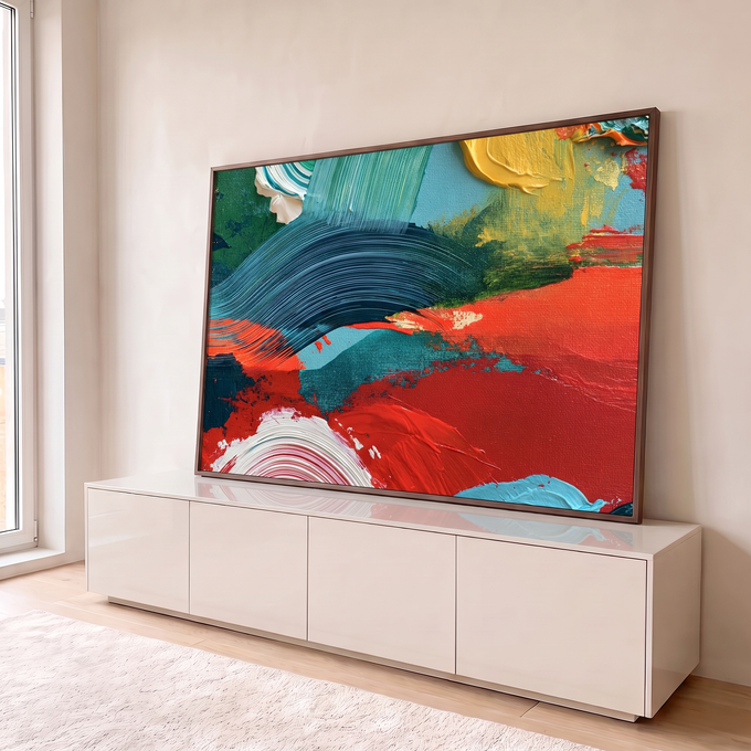Quadro Decorativo Abstrato com Pincelada Azul Marinho | quadros decorativos para sala | pincelada abstrata azul-marinho ondulada sobre fundo vermelho, verde e amarelo | em Quadros para Sala | Porao dos Quadros