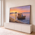 Quadro Decorativo Grande Jesus Chamando Laranja para Sala | quadros decorativos para sala | Jesus na praia conversando com pescadores em barco durante pôr do sol colorido | em Quadros para Sala | Porao dos Quadros