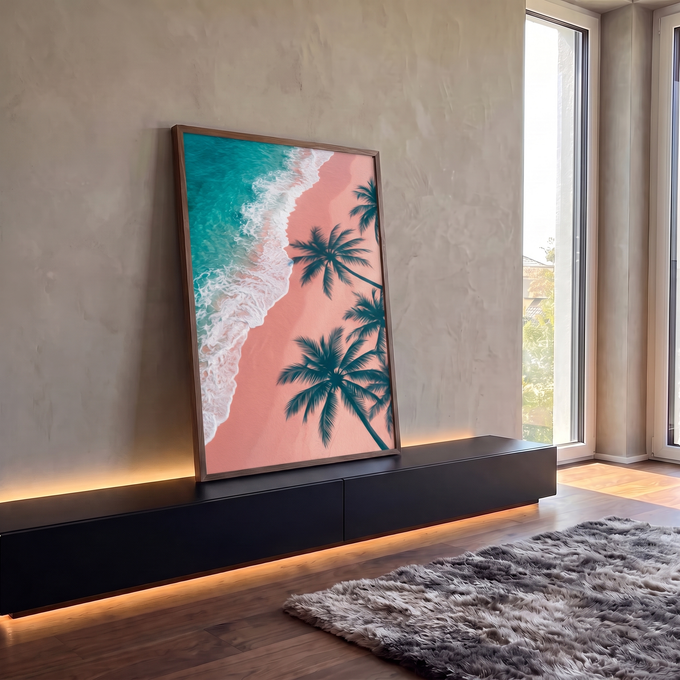 Quadro Decorativo Grande Praia Tropical para Sala Azul | quadros decorativos para sala | vista aérea de praia com mar turquesa, areia rosa e palmeiras em silhueta | em Quadros para Sala | Porao dos Quadros
