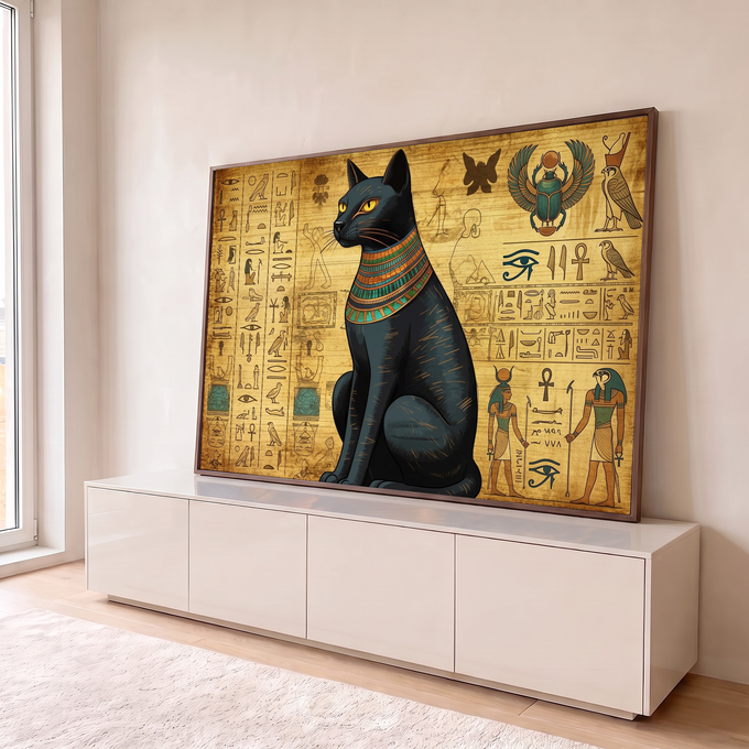 Quadro Decorativo Grande Gato Egípcio para Sala Preto | quadros decorativos para sala | gato preto egípcio com colar colorido sentado em fundo de papiro com hieróglifos | em Quadros para Sala | Porao dos Quadros