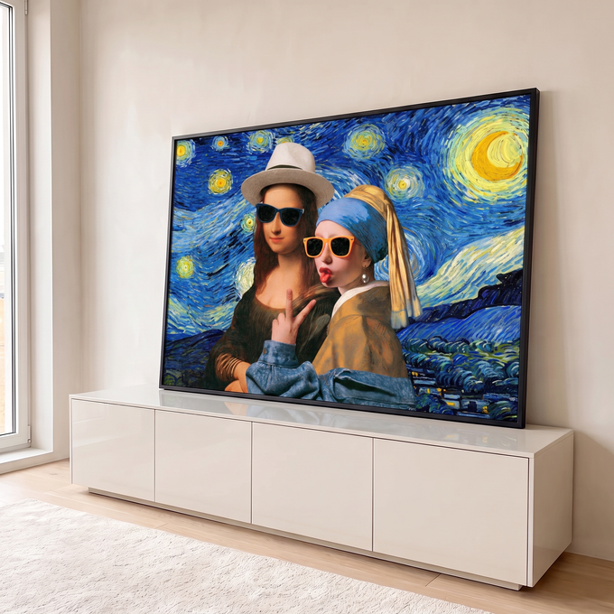 Quadro Decorativo Grande Mona Lisa para Sala Azul | quadros decorativos para sala | Mona Lisa e Moça do Brinco de Pérola com óculos escuros sobre fundo Noite Estrelada | em Quadros para Sala | Porao dos Quadros