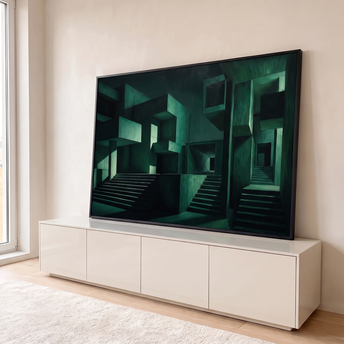 Pintura a óleo de arquitetura brutalista verde com escadas e blocos de concreto, quadro decorativo