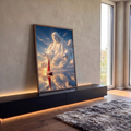 Quadro Decorativo Grande Jesus Cristo Nuvens para Sala Azul | quadros decorativos para sala | nuvens formando a figura de Jesus Cristo sobre mar com veleiro de vela vermelha | em Quadros para Sala | Porao dos Quadros