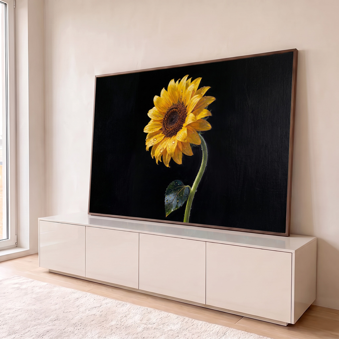 Quadro Decorativo Grande Girassol Amarelo para Sala | quadros decorativos para sala | girassol amarelo com gotas de orvalho sobre fundo preto em estilo realista | em Quadros para Sala | Porao dos Quadros