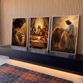 Quadro Decorativo Kit 3 Telas Jesus Cristo Dourado para Sala | quadros decorativos para sala | Jesus Cristo, Última Ceia e leão coroado em três painéis dourados | em Quadros para Sala | Porao dos Quadros