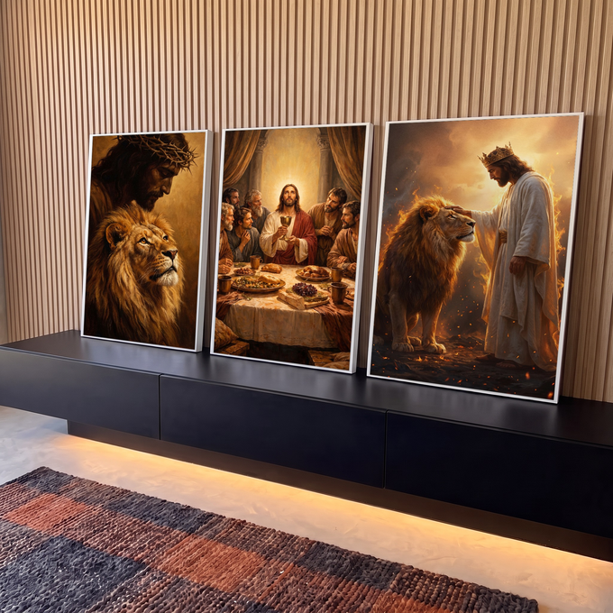 Quadro Decorativo Kit 3 Telas Jesus Cristo Dourado para Sala | quadros decorativos para sala | Jesus Cristo, Última Ceia e leão coroado em três painéis dourados | em Quadros para Sala | Porao dos Quadros