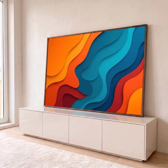 Quadro Decorativo Grande Ondas Abstratas para Sala Laranja | quadros decorativos para sala | camadas onduladas abstratas em laranja, azul e vermelho estilo recorte de papel | Porao dos Quadros