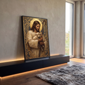 Quadro Decorativo Grande Jesus Bom Pastor Cordeiro para Sala | quadros decorativos para sala | Jesus Bom Pastor segurando cordeiro e cajado com moldura dourada ornamentada | em Quadros para Sala | Porao dos Quadros