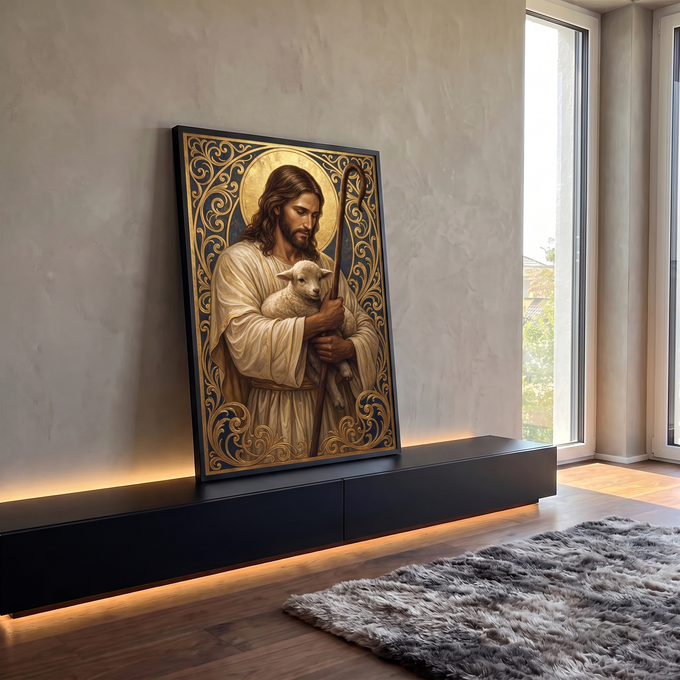 Quadro Decorativo Grande Jesus Bom Pastor Cordeiro para Sala | quadros decorativos para sala | Jesus Bom Pastor segurando cordeiro e cajado com moldura dourada ornamentada | em Quadros para Sala | Porao dos Quadros
