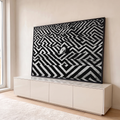 Quadro Decorativo Grande Rosto para Sala Preto | quadros decorativos para sala | rosto feminino emergindo de tecido com padrão labiríntico preto e branco | em Quadros para Sala | Porao dos Quadros