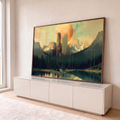 Quadro Decorativo Grande Cidade Futurista para Sala Laranja | quadros decorativos para sala | skyline futurista entre montanhas e lago com planeta laranja gigante ao fundo | em Quadros para Sala | Porao dos Quadros