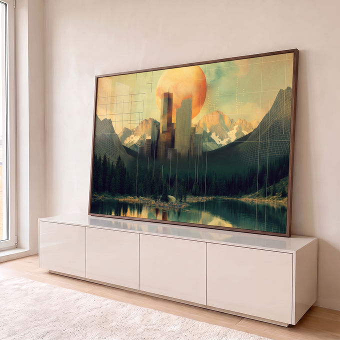 Quadro Decorativo Grande Cidade Futurista para Sala Laranja | quadros decorativos para sala | skyline futurista entre montanhas e lago com planeta laranja gigante ao fundo | em Quadros para Sala | Porao dos Quadros