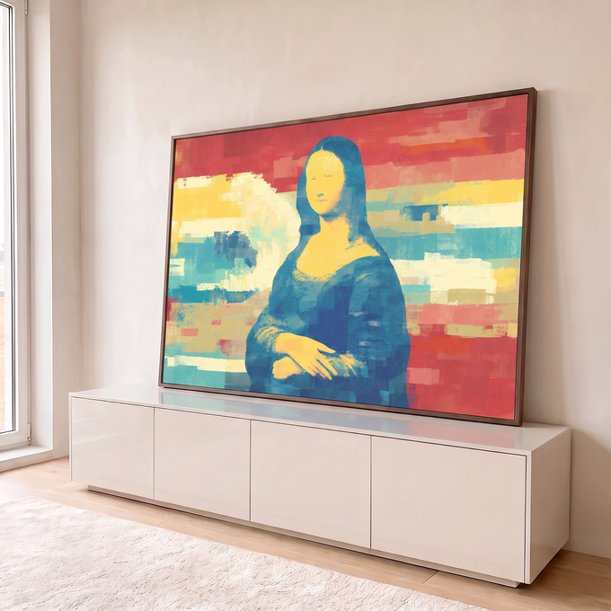 Mona Lisa em azul e amarelo sobre faixas vermelhas e azuis com efeito glitch, quadro decorativo