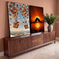 Quadro Decorativo Kit 2 Telas Balões de Livros para Sala | quadros decorativos para sala | casal em balões de livros coloridos ao lado de pássaros silhuetados em pôr do sol alaranjado | em Quadros para Sala | Porao dos Quadros