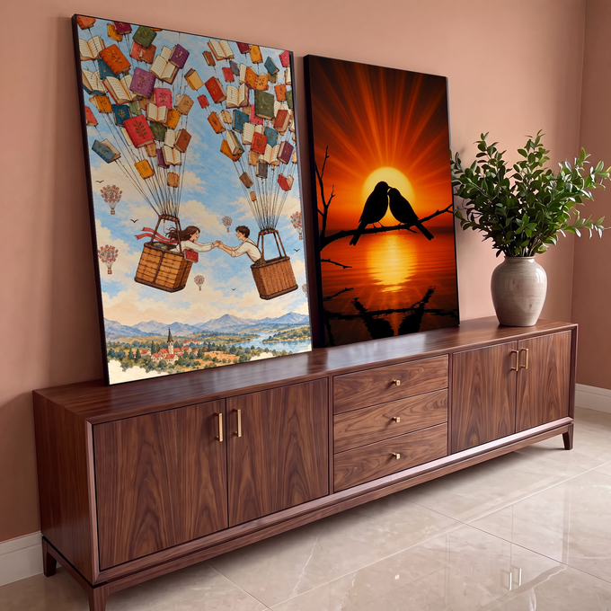 Quadro Decorativo Kit 2 Telas Balões de Livros para Sala | quadros decorativos para sala | casal em balões de livros coloridos ao lado de pássaros silhuetados em pôr do sol alaranjado | em Quadros para Sala | Porao dos Quadros