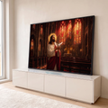 Jesus com auréola segurando pomba branca em catedral gótica com vitrais vermelhos, quadro decorativo