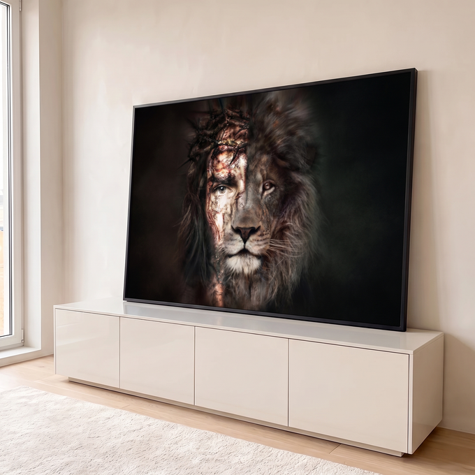 Quadro Decorativo Grande Rosto de Cristo para Sala Preto | quadros decorativos para sala | rosto humano com coroa de espinhos mesclado a face de leão em tons escuros | em Quadros para Sala | Porao dos Quadros