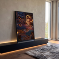 Quadro Decorativo Grande Jesus Velando o Sono para Sala Azul | quadros decorativos para sala | Jesus com halo dourado ao lado de família adormecida em sala aconchegante durante chuva noturna | em Quadros para Sala | Porao dos Quadros