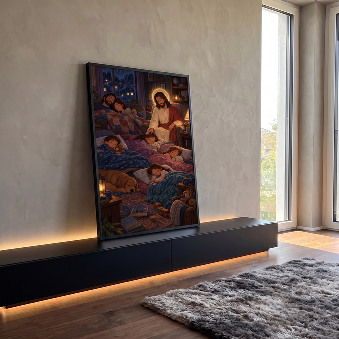 Quadro Decorativo Grande Jesus Velando o Sono para Sala Azul | quadros decorativos para sala | Jesus com halo dourado ao lado de família adormecida em sala aconchegante durante chuva noturna | em Quadros para Sala | Porao dos Quadros