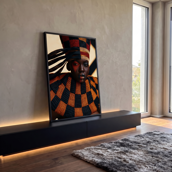 Quadro Decorativo Retrato Africano com Tocado Tribal | quadros decorativos para sala | retrato de mulher com tocado tribal tecido em vermelho preto e dourado e maquiagem gráfica | em Quadros para Sala | Porao dos Quadros
