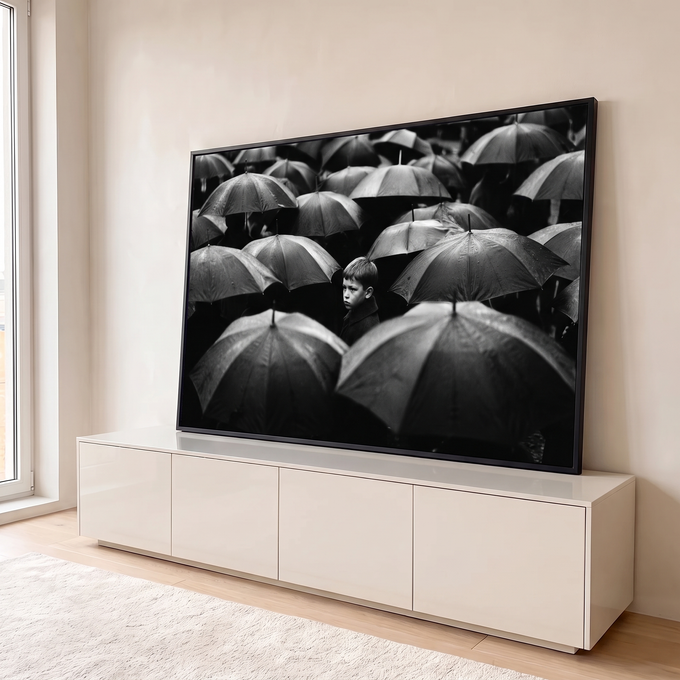 Menino solitário entre guarda-chuvas pretos na chuva, fotografia em preto e branco, quadro decorativo